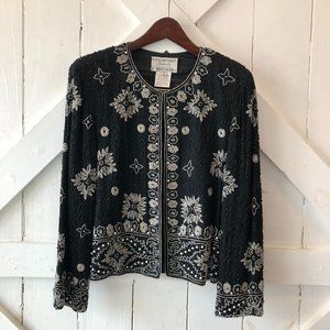 Papell Boutique Beaded Black & Silver Beaded Evening Jacket